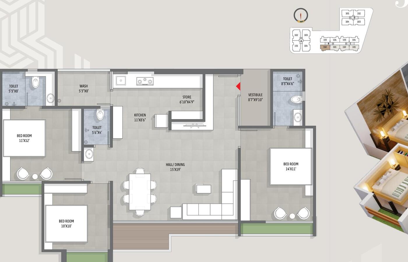 3 BHK floor plan